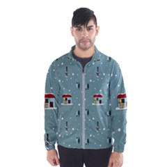 Seamless Pattern With Festive Christmas Houses Trees In Snow And Snowflakes Men s Windbreaker