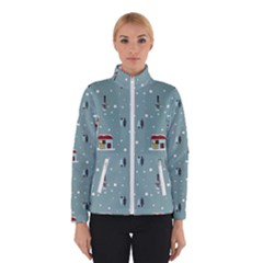 Seamless Pattern With Festive Christmas Houses Trees In Snow And Snowflakes Women s Bomber Jacket