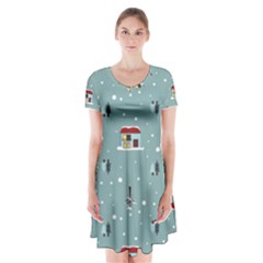 Seamless Pattern With Festive Christmas Houses Trees In Snow And Snowflakes Short Sleeve V-neck Flare Dress