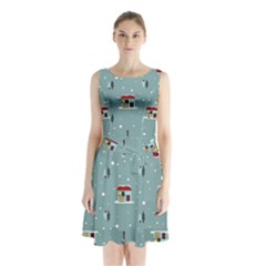 Seamless Pattern With Festive Christmas Houses Trees In Snow And Snowflakes Sleeveless Waist Tie Chiffon Dress