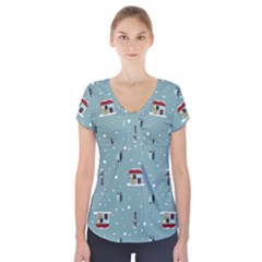 Seamless Pattern With Festive Christmas Houses Trees In Snow And Snowflakes Short Sleeve Front Detail Top