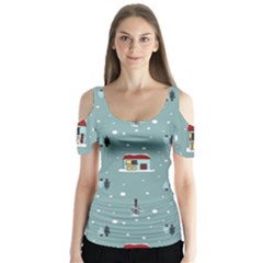 Seamless Pattern With Festive Christmas Houses Trees In Snow And Snowflakes Butterfly Sleeve Cutout T-Shirt 