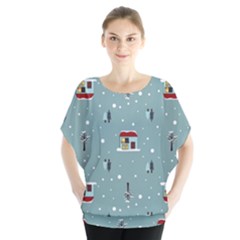 Seamless Pattern With Festive Christmas Houses Trees In Snow And Snowflakes Batwing Chiffon Blouse