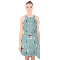 Seamless Pattern With Festive Christmas Houses Trees In Snow And Snowflakes Halter Collar Waist Tie Chiffon Dress