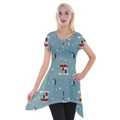 Seamless Pattern With Festive Christmas Houses Trees In Snow And Snowflakes Short Sleeve Side Drop Tunic