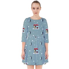 Seamless Pattern With Festive Christmas Houses Trees In Snow And Snowflakes Smock Dress