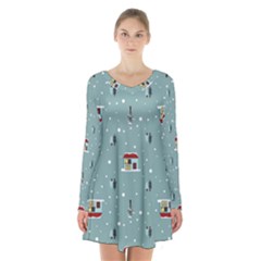 Seamless Pattern With Festive Christmas Houses Trees In Snow And Snowflakes Long Sleeve Velvet V-neck Dress