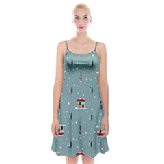 Seamless Pattern With Festive Christmas Houses Trees In Snow And Snowflakes Spaghetti Strap Velvet Dress