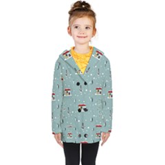 Seamless Pattern With Festive Christmas Houses Trees In Snow And Snowflakes Kids  Double Breasted Button Coat