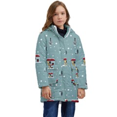 Seamless Pattern With Festive Christmas Houses Trees In Snow And Snowflakes Kids  Hooded Longline Puffer Jacket