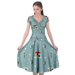 Seamless Pattern With Festive Christmas Houses Trees In Snow And Snowflakes Cap Sleeve Wrap Front Dress