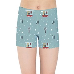 Seamless Pattern With Festive Christmas Houses Trees In Snow And Snowflakes Kids  Sports Shorts