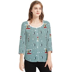 Seamless Pattern With Festive Christmas Houses Trees In Snow And Snowflakes Chiffon Quarter Sleeve Blouse