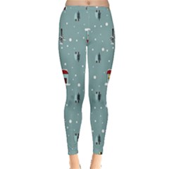 Seamless Pattern With Festive Christmas Houses Trees In Snow And Snowflakes Inside Out Leggings