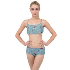 Seamless Pattern With Festive Christmas Houses Trees In Snow And Snowflakes Layered Top Bikini Set