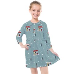 Seamless Pattern With Festive Christmas Houses Trees In Snow And Snowflakes Kids  Quarter Sleeve Shirt Dress
