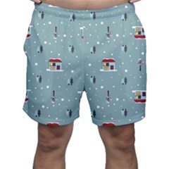 Seamless Pattern With Festive Christmas Houses Trees In Snow And Snowflakes Men s Shorts