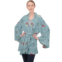 Seamless Pattern With Festive Christmas Houses Trees In Snow And Snowflakes Long Sleeve Velvet Kimono  by Grandong