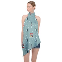 Seamless Pattern With Festive Christmas Houses Trees In Snow And Snowflakes Halter Asymmetric Satin Top by Grandong