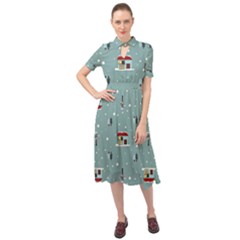 Seamless Pattern With Festive Christmas Houses Trees In Snow And Snowflakes Keyhole Neckline Chiffon Dress