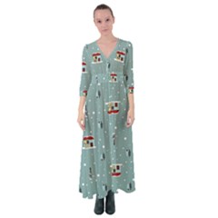 Seamless Pattern With Festive Christmas Houses Trees In Snow And Snowflakes Button Up Maxi Dress