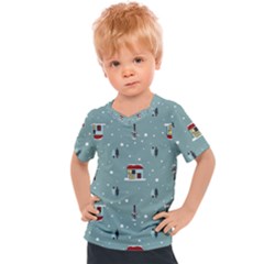 Seamless Pattern With Festive Christmas Houses Trees In Snow And Snowflakes Kids  Sports T-Shirt