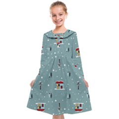 Seamless Pattern With Festive Christmas Houses Trees In Snow And Snowflakes Kids  Midi Sailor Dress