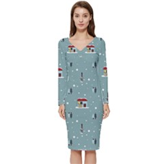 Seamless Pattern With Festive Christmas Houses Trees In Snow And Snowflakes Long Sleeve V-Neck Bodycon Dress 