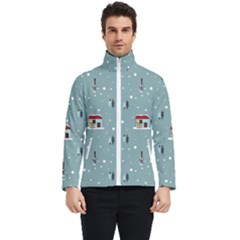 Seamless Pattern With Festive Christmas Houses Trees In Snow And Snowflakes Men s Bomber Jacket