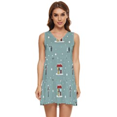 Seamless Pattern With Festive Christmas Houses Trees In Snow And Snowflakes Tiered Sleeveless Mini Dress