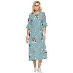 Seamless Pattern With Festive Christmas Houses Trees In Snow And Snowflakes Double Cuff Midi Dress