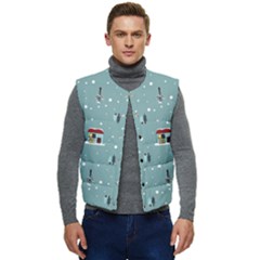 Seamless Pattern With Festive Christmas Houses Trees In Snow And Snowflakes Men s Button Up Puffer Vest	