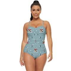 Seamless Pattern With Festive Christmas Houses Trees In Snow And Snowflakes Retro Full Coverage Swimsuit