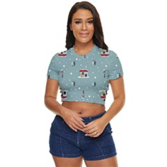 Seamless Pattern With Festive Christmas Houses Trees In Snow And Snowflakes Side Button Cropped T-Shirt