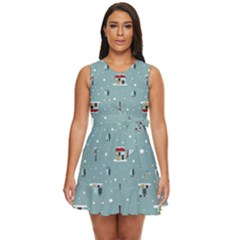 Seamless Pattern With Festive Christmas Houses Trees In Snow And Snowflakes Waist Tie Tier Mini Chiffon Dress