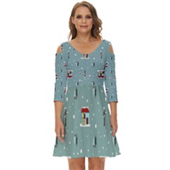 Seamless Pattern With Festive Christmas Houses Trees In Snow And Snowflakes Shoulder Cut Out Zip Up Dress