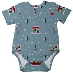 Seamless Pattern With Festive Christmas Houses Trees In Snow And Snowflakes Baby Short Sleeve Bodysuit