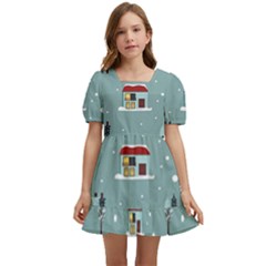 Seamless Pattern With Festive Christmas Houses Trees In Snow And Snowflakes Kids  Short Sleeve Dolly Dress