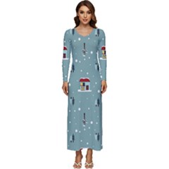 Seamless Pattern With Festive Christmas Houses Trees In Snow And Snowflakes Long Sleeve Longline Maxi Dress