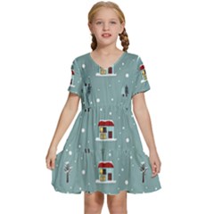 Seamless Pattern With Festive Christmas Houses Trees In Snow And Snowflakes Kids  Short Sleeve Tiered Mini Dress