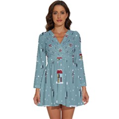 Seamless Pattern With Festive Christmas Houses Trees In Snow And Snowflakes Long Sleeve V-Neck Chiffon Dress 