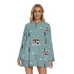 Seamless Pattern With Festive Christmas Houses Trees In Snow And Snowflakes Round Neck Long Sleeve Bohemian Style Chiffon Mini Dress