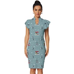 Seamless Pattern With Festive Christmas Houses Trees In Snow And Snowflakes Vintage Frill Sleeve V-Neck Bodycon Dress