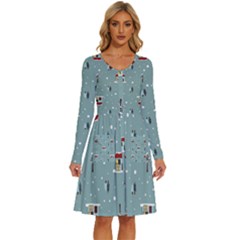 Seamless Pattern With Festive Christmas Houses Trees In Snow And Snowflakes Long Sleeve Dress With Pocket