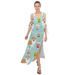 Welsh Corgis Dog Boba Tea Bubble Tea Cute Kawaii Maxi Chiffon Cover Up Dress by Grandong