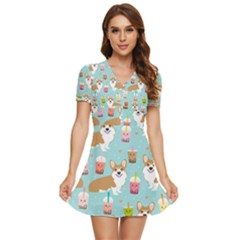 Welsh Corgis Dog Boba Tea Bubble Tea Cute Kawaii V-neck High Waist Chiffon Mini Dress by Grandong