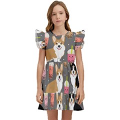 Welsh Corgi Dog Boba Tea Bubble Kawaii Kids  Winged Sleeve Dress by Grandong