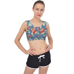 Winter Blue Christmas Snowman Pattern V-back Sports Bra