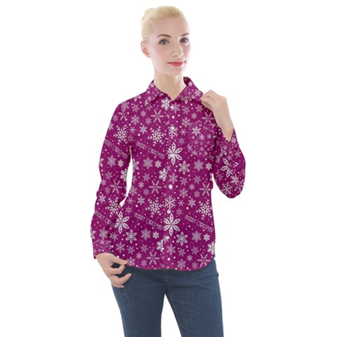 Purple Christmas Pattern Women s Long Sleeve Pocket Shirt by Grandong