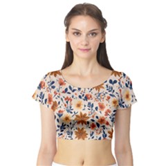 Boho Flowers Seamless Patternn Short Sleeve Crop Top